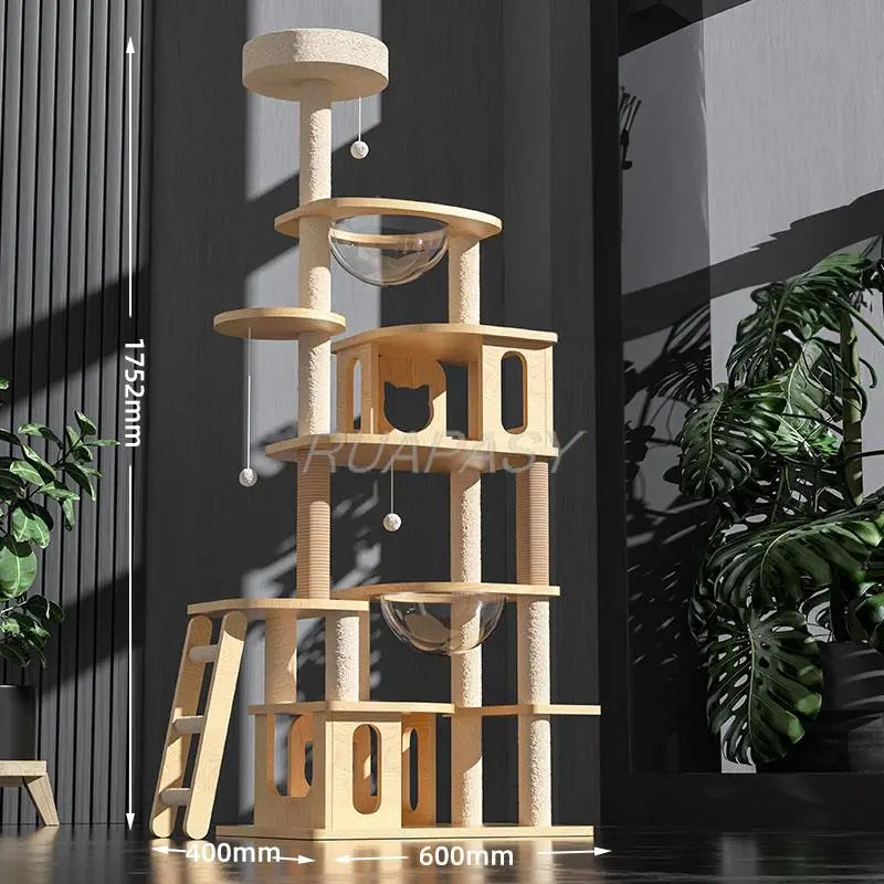 Multi-Level Wood Space Capsule Cat Tree Climbing Toys Post Condo Sisal Cat Tree Shelf Scratching Jumping Platform Perch Tower