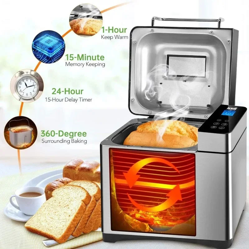 Large 17-in-1 Bread Machine, 2LB All Stainless Steel Bread Maker with Auto Fruit Nut Dispenser, Nonstick Ceramic Pan