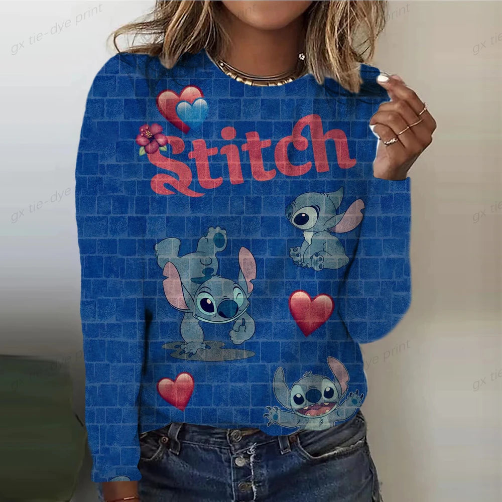 Disney Stitch Cartoon Print T-shirt Fashion Women's Clothing Spring And Autumn Basic Top Women's Long Sleeve T-shirt 2023