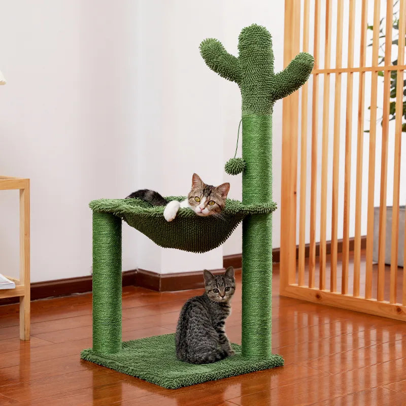 Cactus Cat Scratching Post with Sisal Rope Cat Scratcher Tree Towel with Comfortable Spacious Hammock Cats Climbing Frame