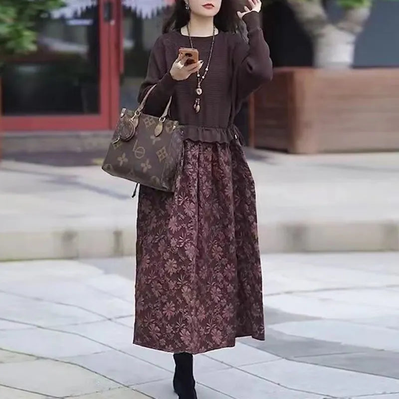 Fashion Loose Spliced Printed Fake Two Pieces Casual Dresses Women's Clothing 2023 Autumn New Oversized Long Sleeve Midi Dress