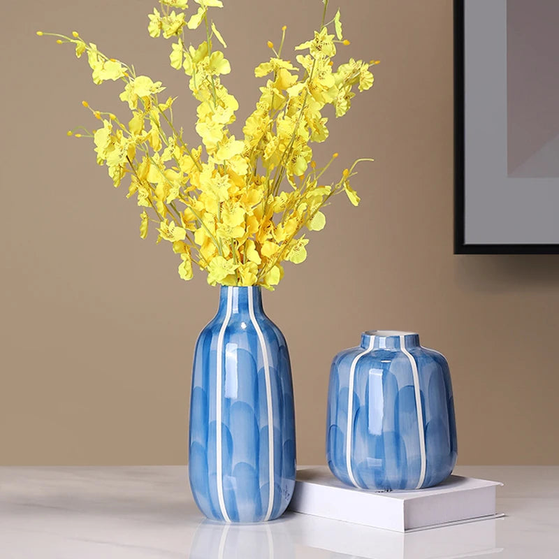 1pc Indigo Blue Ceramic Vase Simple Lines Flower Vases Decorative Floral Vase Centerpiece Accessories for Home Table Decoration