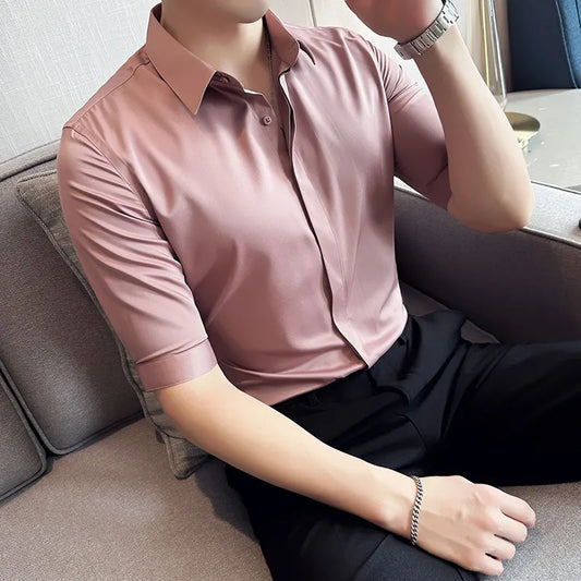 Top Quality Summer Ice Silk Half Sleeve Business Casual Shirts For Men Clothing 2023 Slim Fit Chemise Homme Prom Tuxedo 4XL-M