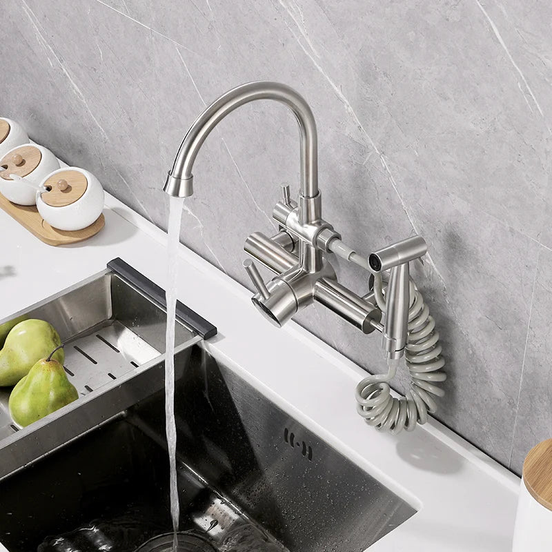 304 stainless steel Kitchen Sink Faucet Brushed Nickel Mixer Tap Stream Sprayer  Wall Installation