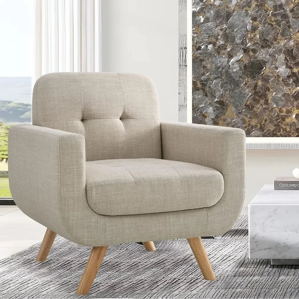 1SEAT Living Room Armchairs Elena Contemporary Accent Armchair With Linen Upholstery Living Room Furniture Beige Chair Chairs