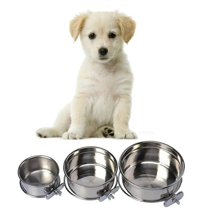 Pet Dog Bowl Stainless Steel Coop Cups with Clamp Holder Detached Dog Cat Cage Kennel Hanging Bowl Metal Food Water Bowl