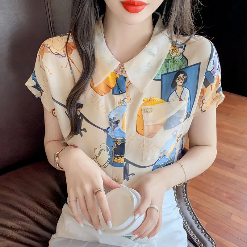 Vintage Printed Lapel Gauze Spliced Pockets Diamonds Loose Shirt Summer New Casual Tops Fashion Women's Clothing Commute Blouses