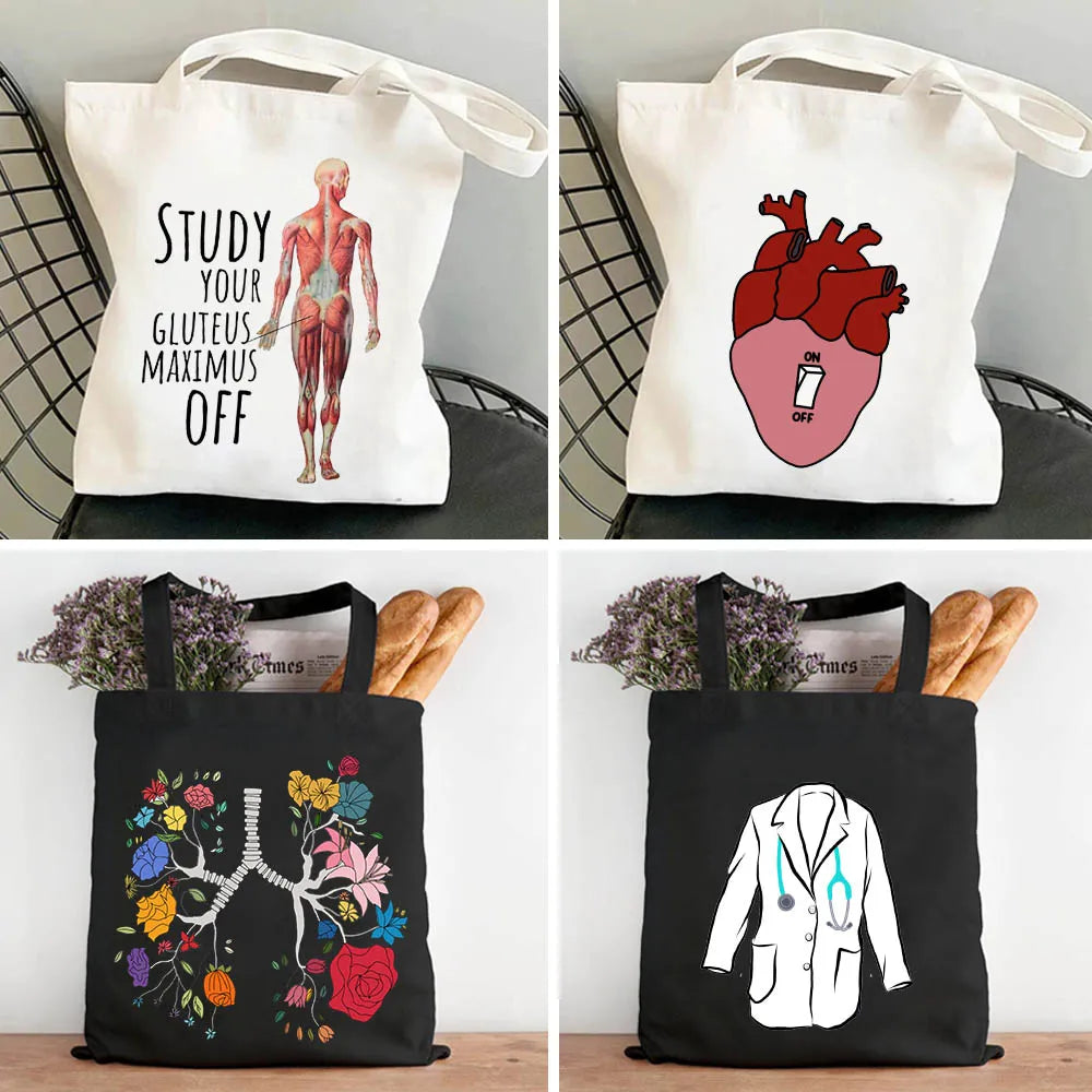 Doctor Nurse Medical Cross Medicine Health Heart Brain Flower Stethoscope Men Women Shoulder Canvas Totes Bags Shopping Handbags