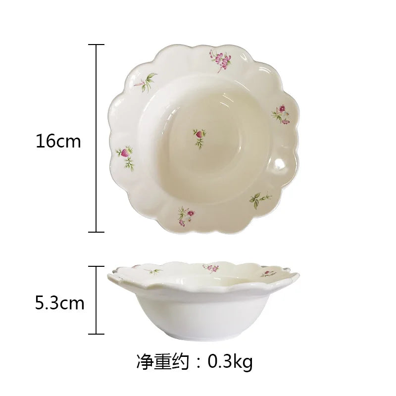 New Retro Floral Ceramic Plate Home Flower Dessert Plate Porcelain Fruit Salad Bowl Tableware Dinner Set with Spoon Dinnerware