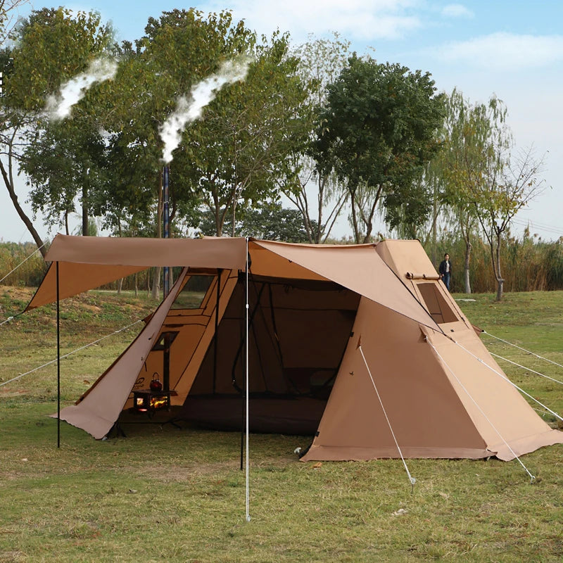 Double Peak Tent with Chimney Hole 300D Oxford Waterproof Sunscreen Outdoor Camping Cooking Glamping Tourist Sanctuary Shelter