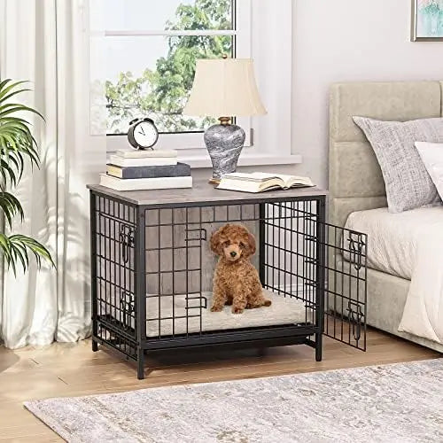 Crate Furniture, 31.5" Wooden Dog Crate End Table, Dog Furniture with Removable Tray, Indoor Dog Kennel, Double Door Dog Cag Dog