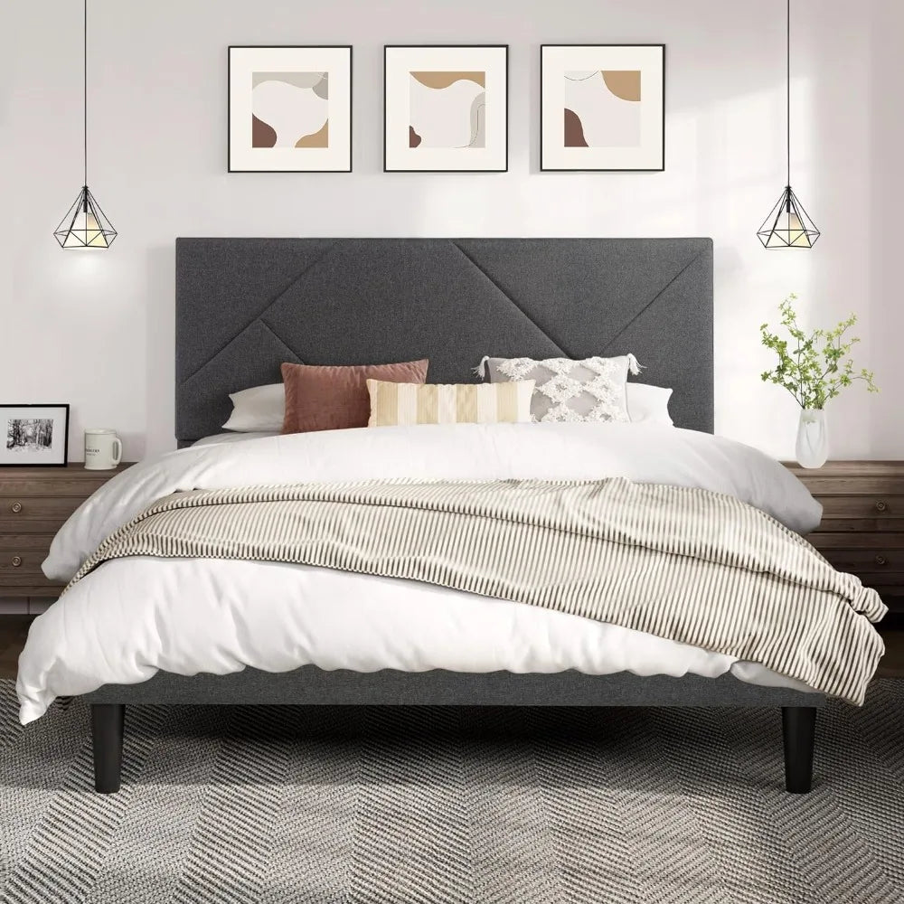 Full Size Upholstered Bed Frame with Geometric Headboard, Heavy-Duty Platform Bed, No Box Spring Needed, Dark Grey