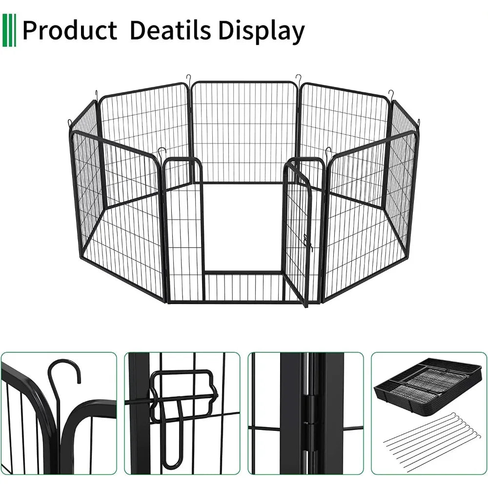 Metal Dog Playpen Dog Fence 8 Panels Indoor Outdoor Heavy Duty Portable Foldable Kennel, Black Dog House