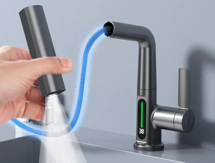 Waterfall Temperature Digital Display Basin or kitchen Faucet Lift Up Down Stream Sprayer Hot Cold Water Sink Mixer Wash Tap