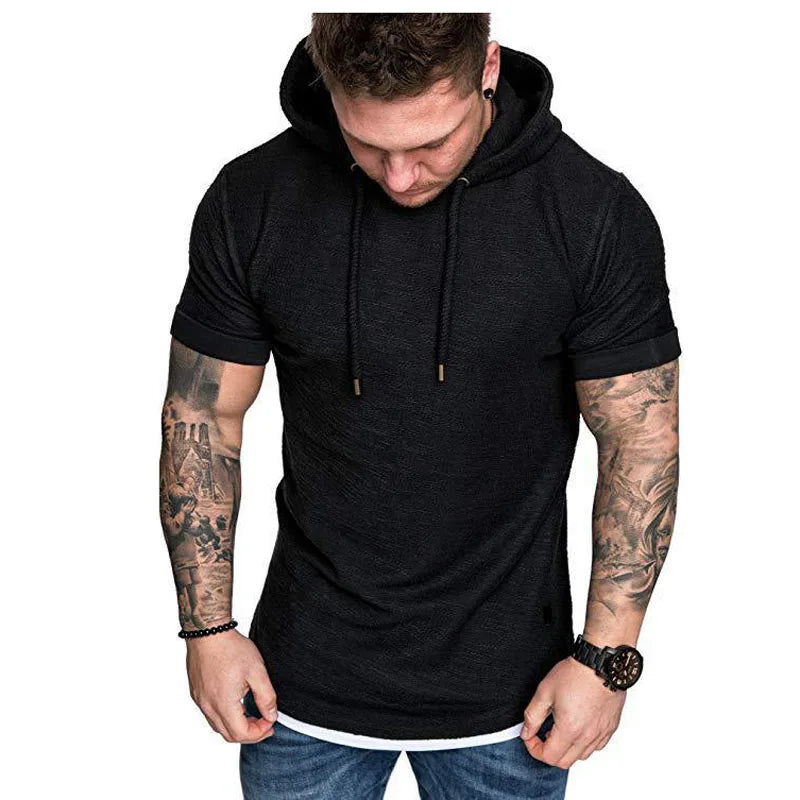 2023 New Men's Fashion Hooded Solid Color Short-Sleeved T-shirt Summer Casual Sports T Shirt Hoodies Clothing for Men MY073