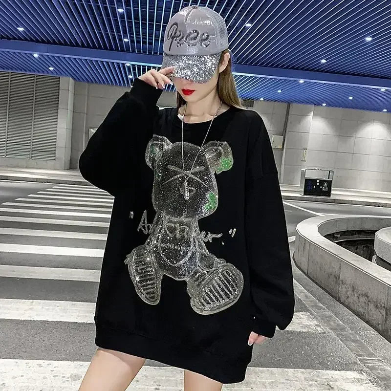 Rhinestone Woman Clothing Glitter Women's Sweatshirt Graphic Pullovers Top Round Neck Sequin Thick Y2k Style Essential M Basic E