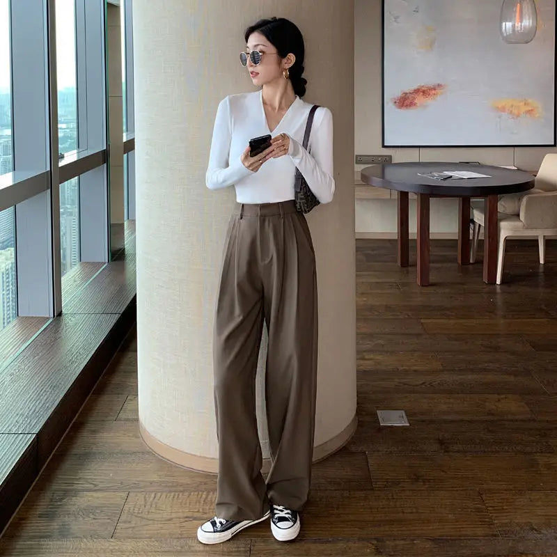 Clothing Buttons Trousers Woman Tailoring Womens Pants Wide Leg Baggy Work Office Solid Loose Slacks High Quality All Medium 90s