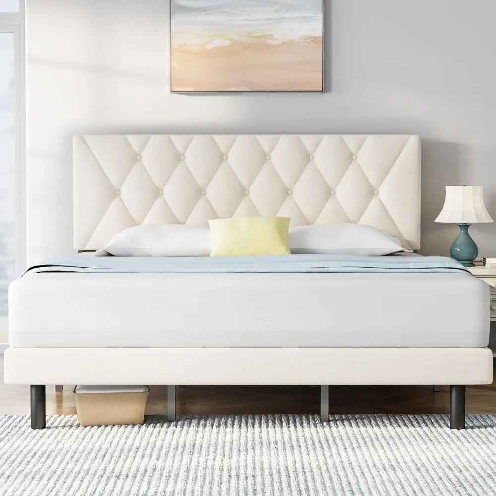 Large Bed Frame, Adjustable Headboard, Linen Fabric Wrapping, No Springs, Non-slip and Noiseless, Easy To Assemble, Beige