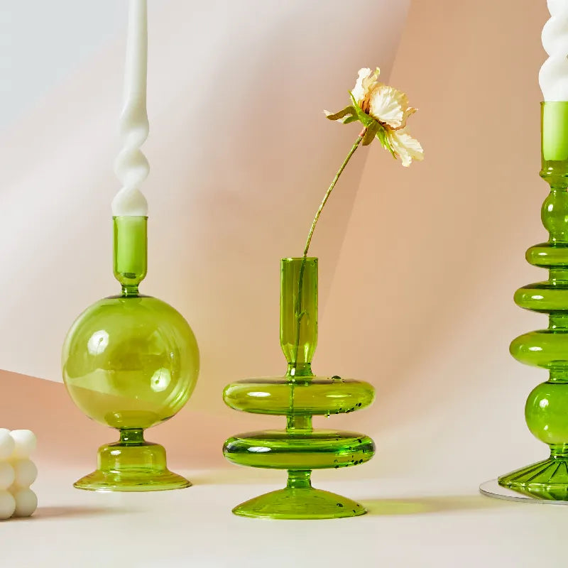 Lazzy House Candle Holders Decoration Wedding Nordic Green Glass Candlestick Home Decor Vases Christmas Gift Home Candles