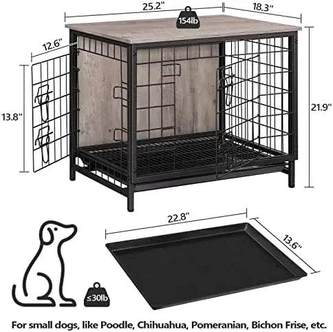 Crate Furniture, 31.5" Wooden Dog Crate End Table, Dog Furniture with Removable Tray, Indoor Dog Kennel, Double Door Dog Cag Dog