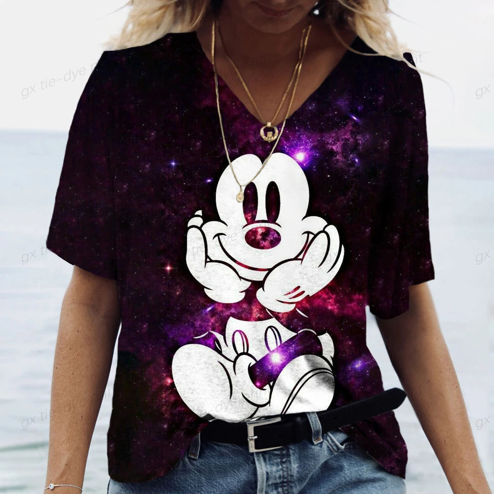 Summer Women's Tshirt Disney Mickey Mouse Print T Shirt for Women V Neck Pullover Casual Loose Ladies Clothing Streetwear Tee