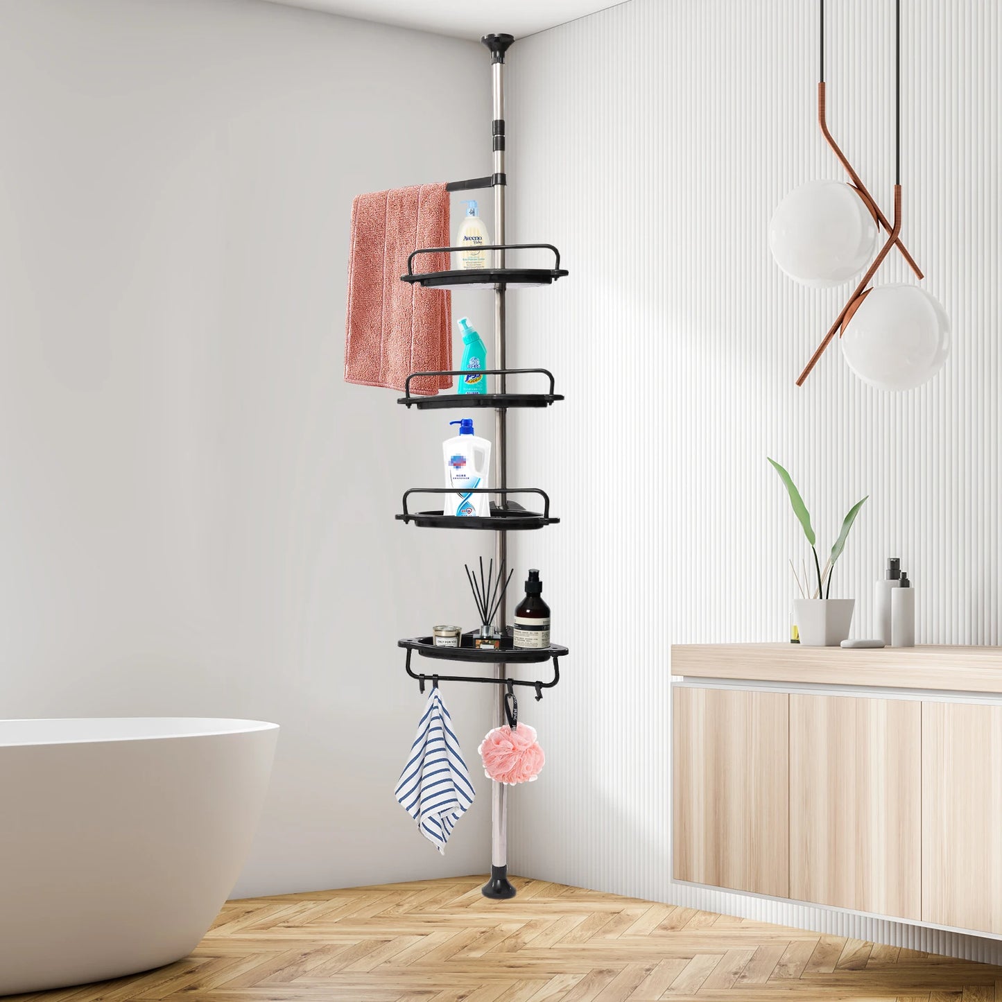 Height 105cm To 320cm 4 Shelves Bathroom Shelf Telescopic Shower Shelf Shower Corner Shelf Without Drilling