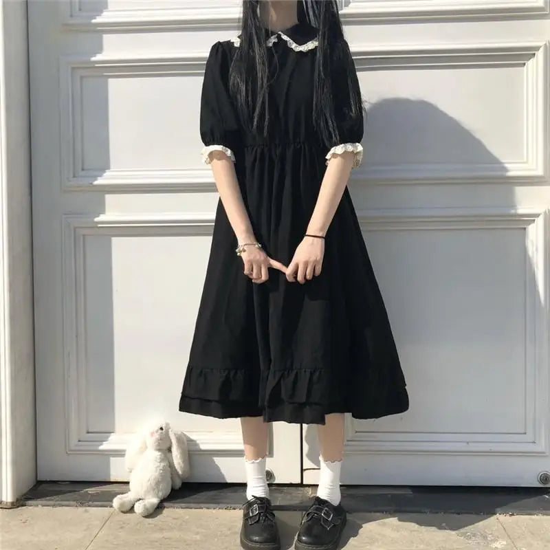 Autumn New Black Kawaii Lolita Dress Sen Girl Fairy Cute Lolita Doll Collar Puff Sleeve Dress 2021 Fashionable Women's Clothing