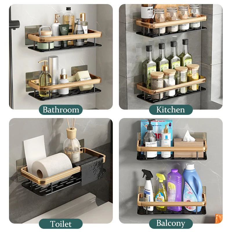 No Punching Bathroom Shelf Wall Mounted Kitchen Organizer Stainless Steel Bathroom Basket Shampoo Rack Bathroom Accessories