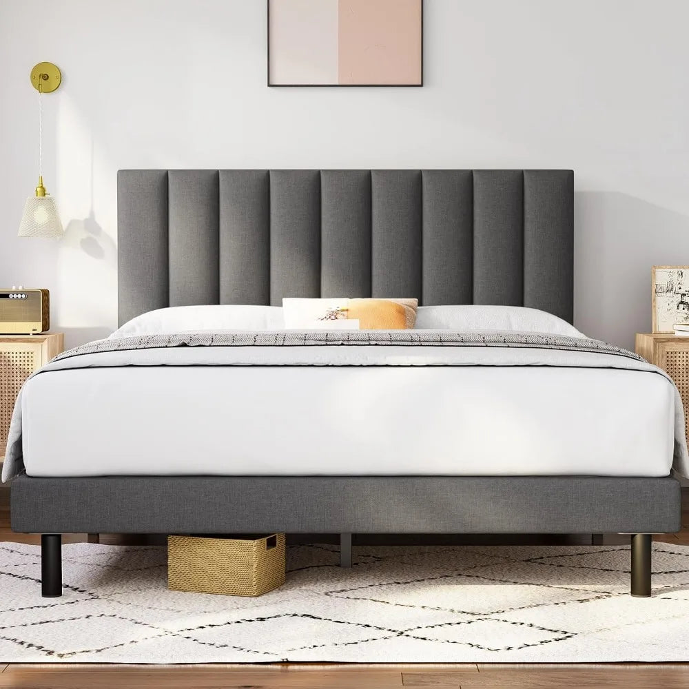 Full-size Bed Frame Upholstered Platform with Headboard and Sturdy Wooden Slats, Non-slip and Noiseless, No Springs Required