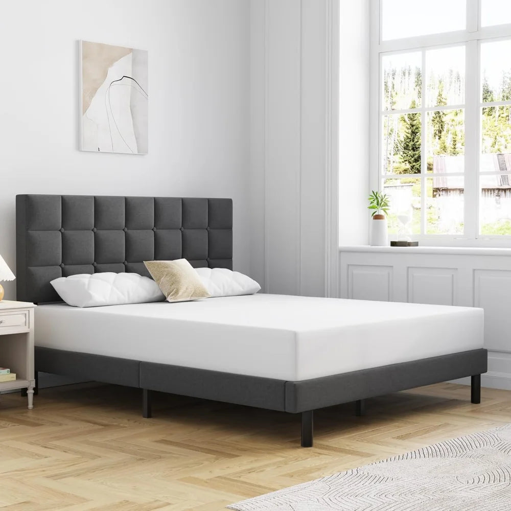 Queen Bed Frame Upholstered Platform with Headboard and Strong Wooden Slats,Non-Slip and Noise-Free,No Box Spring Needed