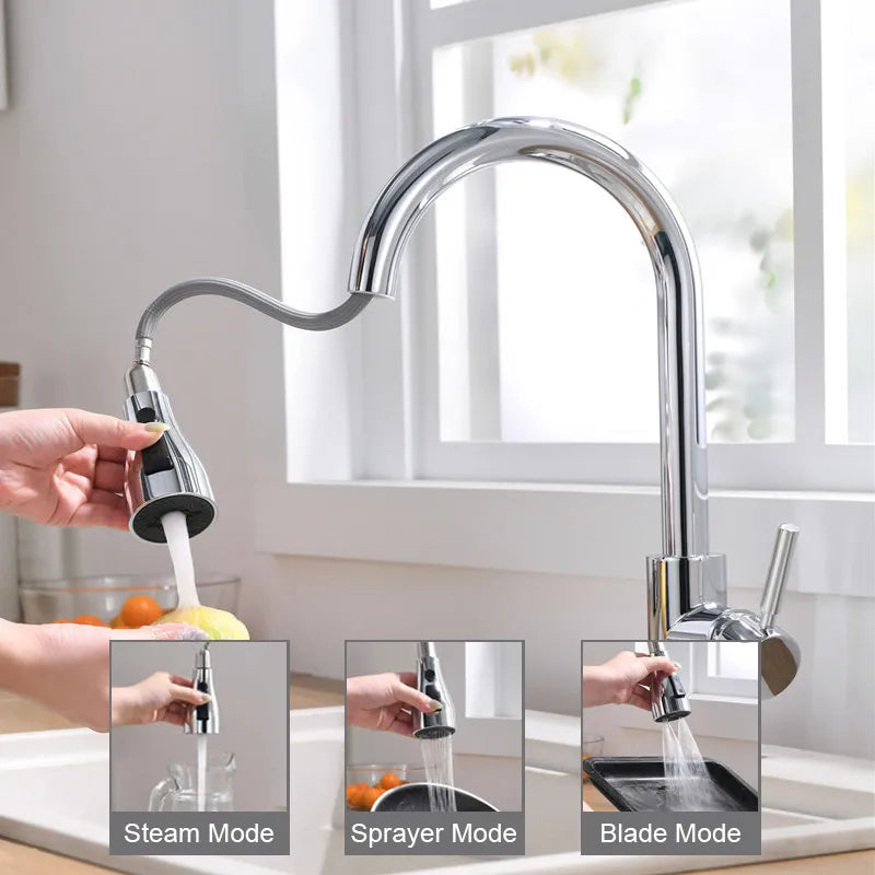 Kitchen Faucets Brushed Nickel Pull Out Spout Stream Sprayer Head Hot Cold Taps Kitchen Sink Water Tap Deck Mounted Mixer Tap