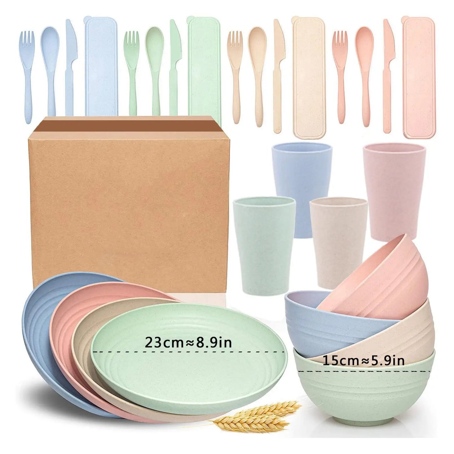 24PCS Home Outdoor Plastic Dining Plate Bowl Wheat Straw Plate Bowl Cup Knife Spoon Tableware Set