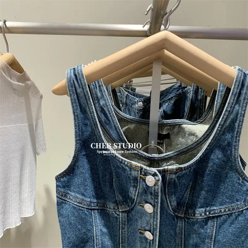 2023 Summer New Women's Vintage Denim Tank Top  korean fashion clothing  tops women  crop  cute tops