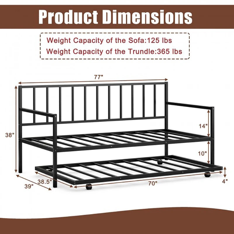 Twin Metal Daybed Sofa Bed Set with Roll Out Trundle Foldable Sofa Bed Frame Living Room Bedroom Furniture Bedframe