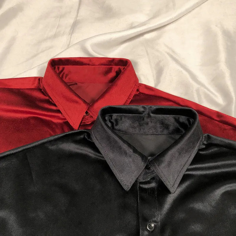 Men's Winter Velvet Shirt Red Black Luxury Clothes For Mens Burgundy chemise velours homme Korean Men Clothing Streetwear