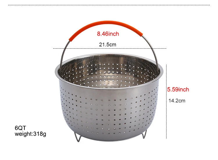 304 Stainless Steel Kitchen Steamer Basket with Silicone Covered Handle Instant Pot Accessories for 3/6/8 Qt Pressure Cooker