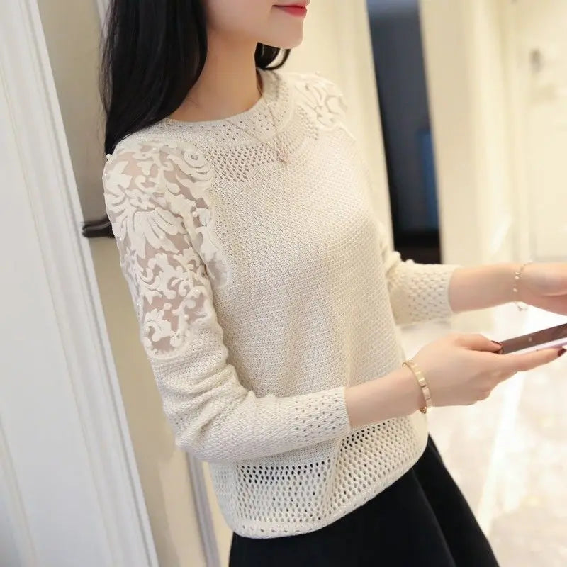 Woman Sweaters Thin Loose Hollow Beading Women's Clothing Lace Sweater Spring Crew Neck Pullover Femme Chandails Pull Hiver