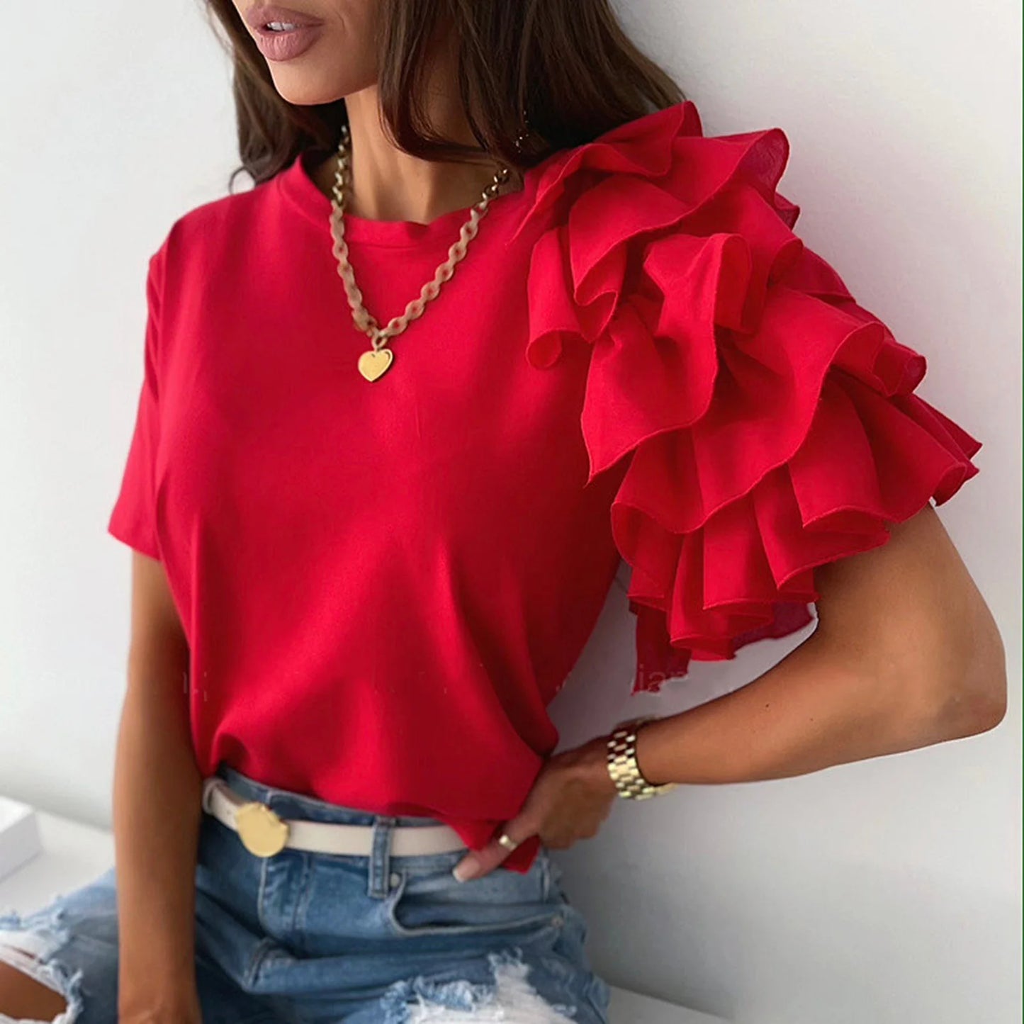 Summer Women Hollow Out Stitching T-Shirt Casual O-Neck Ruffle Short Sleeve Top Elegant White Black 2022 Women's Clothing Hot