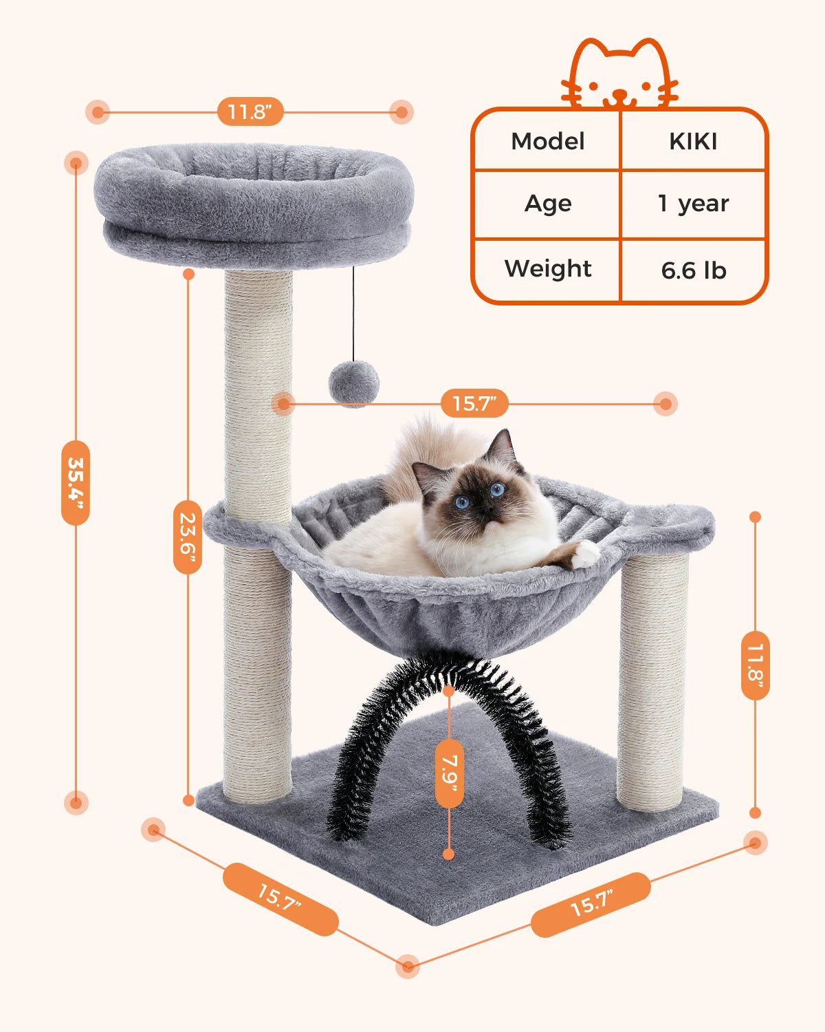 Small Cat Tree Cat Tower for Kitten with Super Large Plush Hammock Cat Scratching Post for Indoor Cats with Top Perch Cat Brush