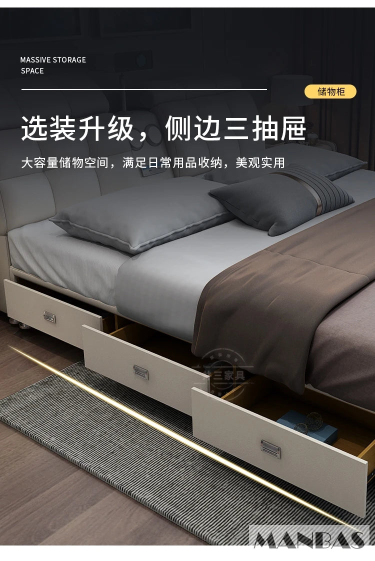 MINGDIBAO Ultimate Tech Smart Bed - Multifunctional Bedframe with Genuine Leather and Bluetooth Speaker, Drawers, Projector, USB