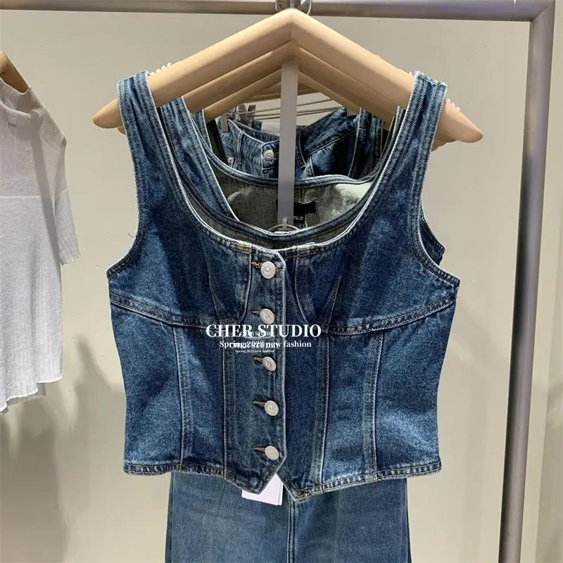 2023 Summer New Women's Vintage Denim Tank Top  korean fashion clothing  tops women  crop  cute tops