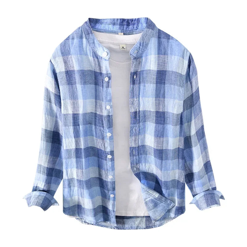 Men Clothing 2022 Fresh Striped Linen Long-sleeved Plaid Shirt Men's Youth Casual Shirt