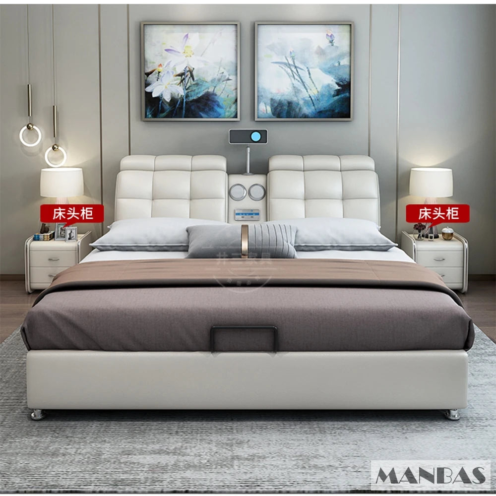 MANBAS Ultimate Tech Smart Bed - Multifunctional Bedframe with Genuine Leather and Bluetooth Speaker, Drawers, Projector, USB