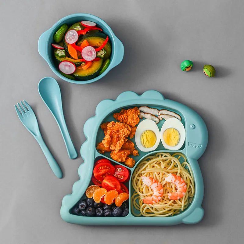 4 PCS Baby Bowls Plates Spoons Forks Food Tableware Set BPA Free Non-Silp Kid Dishes Dinosaur Food Feeding Bowl For Child