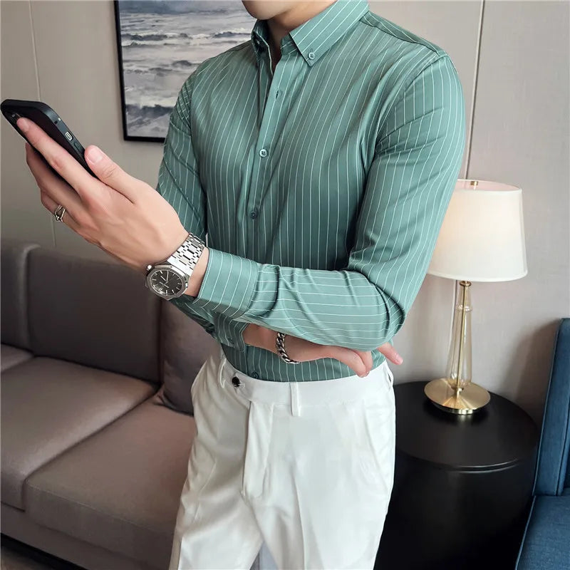 2023 Plus Size S-3XL Korean Long Sleeve Striped Shirts Men Clothing Simple Slim Fit Business Casual Office Blouse Homme Hot Sale