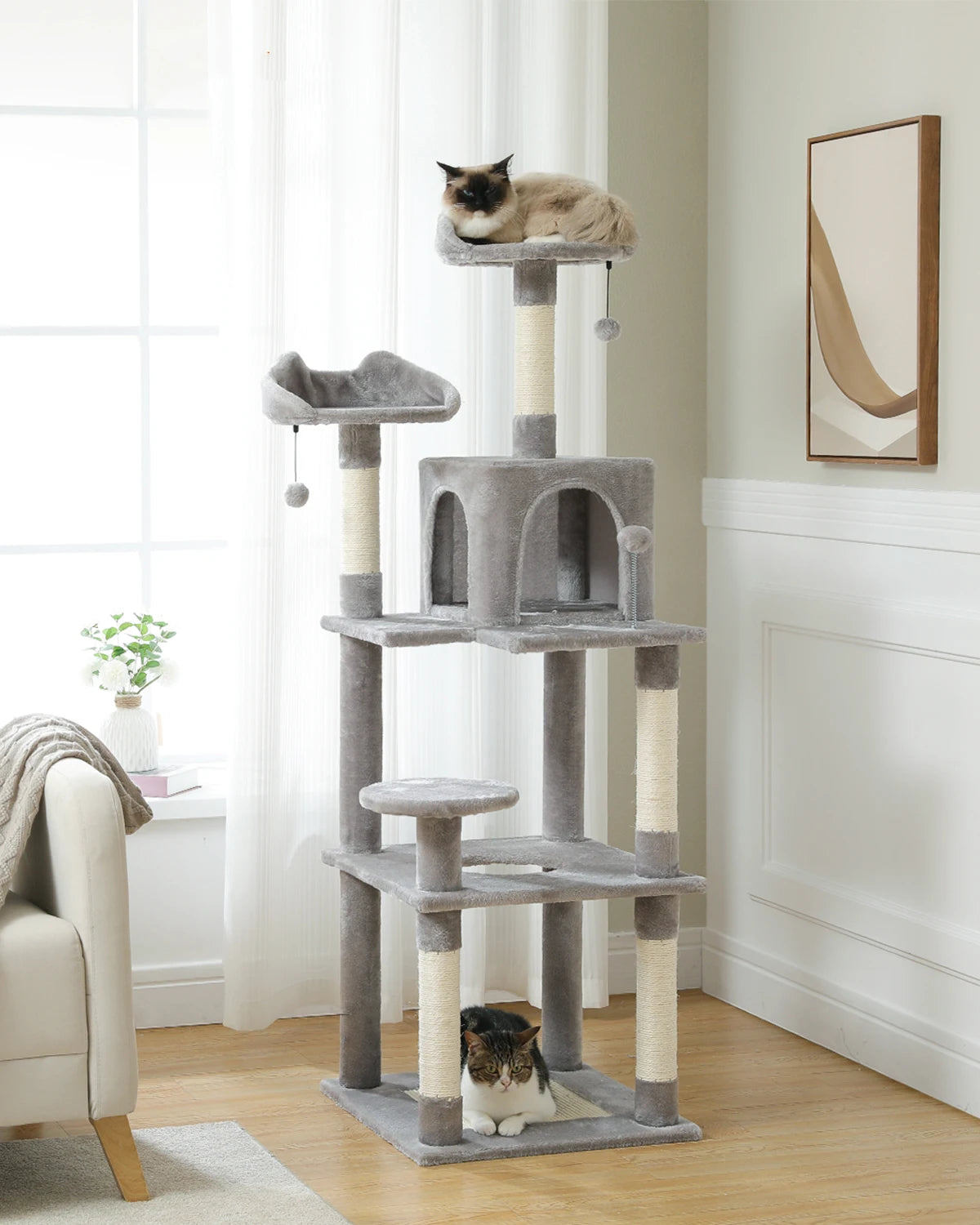 Free Shipping Drop Shipping Cat Tree Tall Cat Tower with Large Cat Condo Cozy Perch Bed Scratching Posts Cat Toys