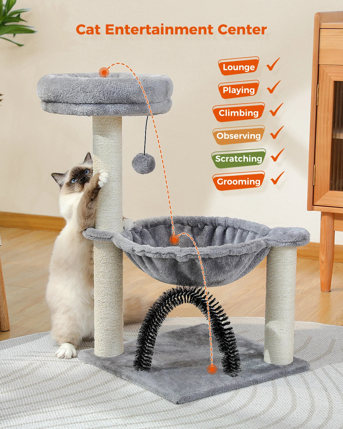 Small Cat Tree Cat Tower for Kitten with Super Large Plush Hammock Cat Scratching Post for Indoor Cats with Top Perch Cat Brush