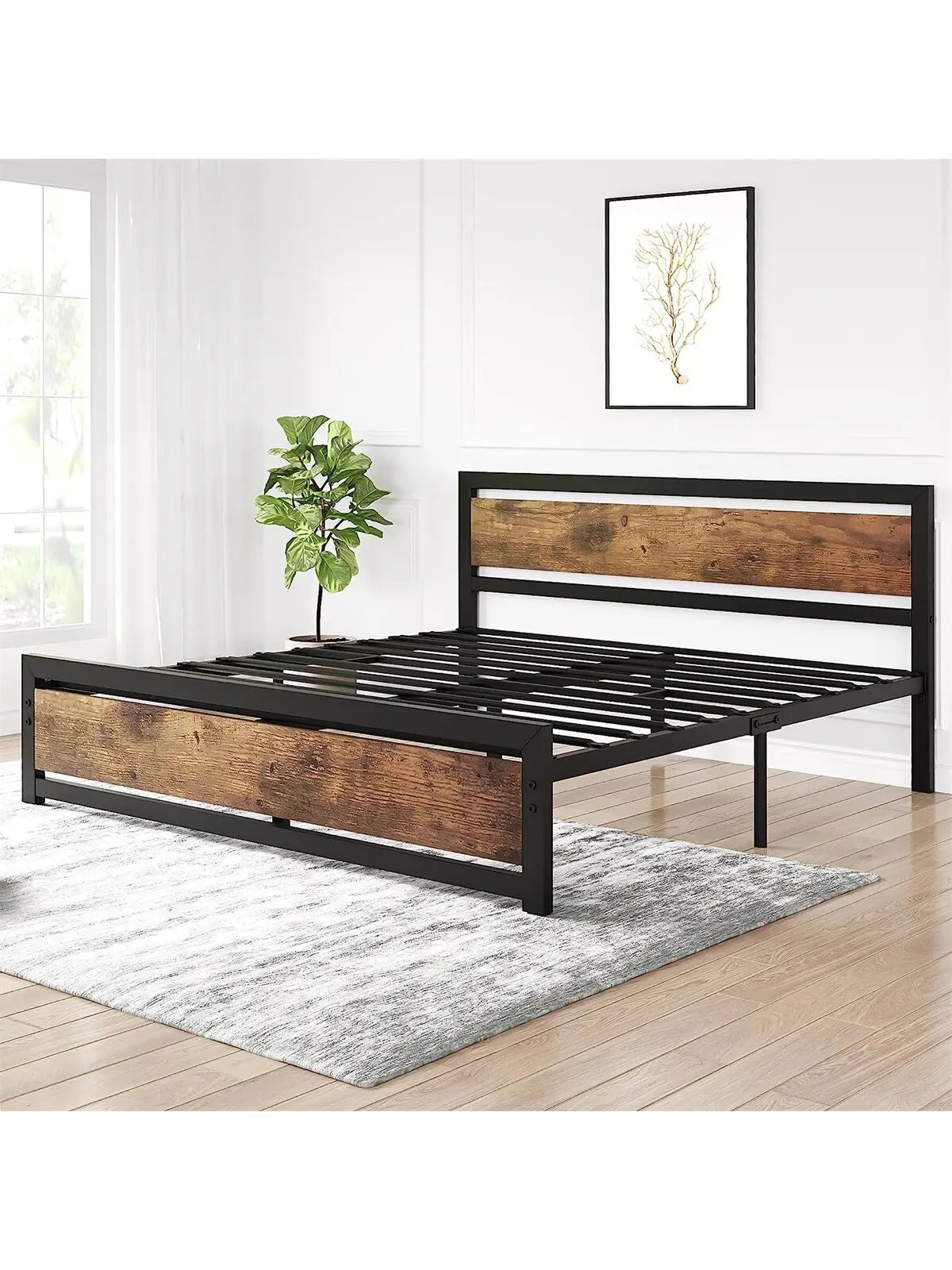 Bed Frame with Wooden Headboard and Footboard - Metal Platform, No Box Spring Needed bedframe with headboard