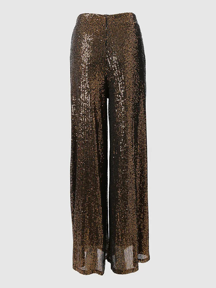 High Waist Sequin Flared Wide leg Pants All-Match new fashion yk2 Women's Clothing