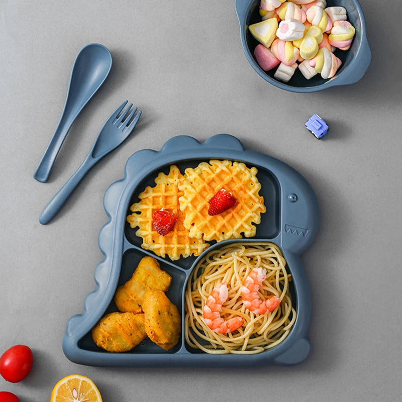 4 PCS Baby Bowls Plates Spoons Forks Food Tableware Set BPA Free Non-Silp Kid Dishes Dinosaur Food Feeding Bowl For Child